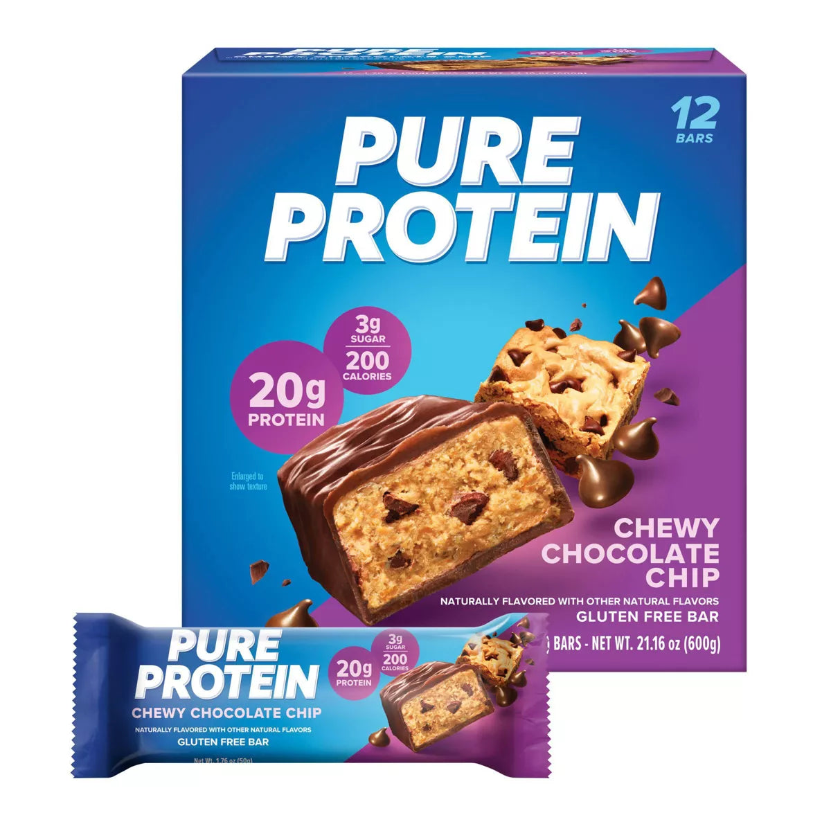 Pure Protein Chewy Chocolate Chip Whey Protein Isolate Bars - 20G Protein - 21.16Oz/12Ct