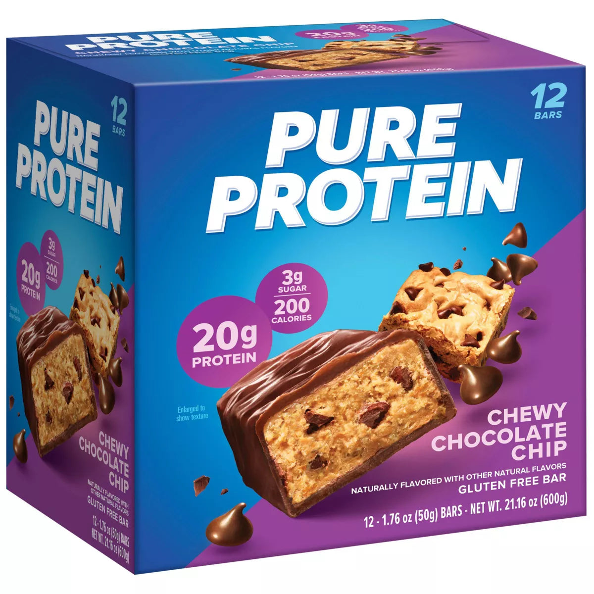 Pure Protein Chewy Chocolate Chip Whey Protein Isolate Bars - 20G Protein - 21.16Oz/12Ct